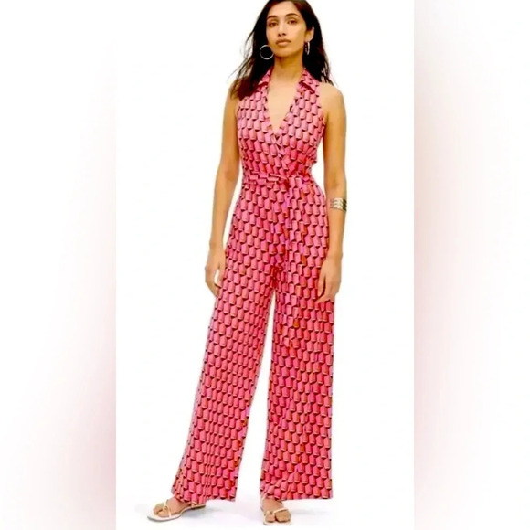 NWT DIANE VON FURSTENBERG Target Collared Sleeveless Pink Modern Geo Jumpsuit SM - Picture 1 of 13